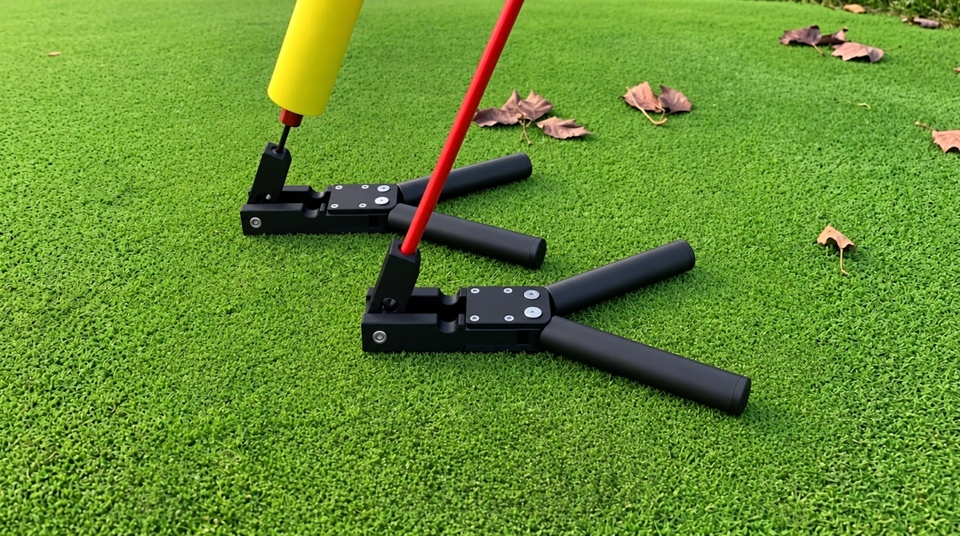 Versa Stand securely holding a golf alignment stick for training